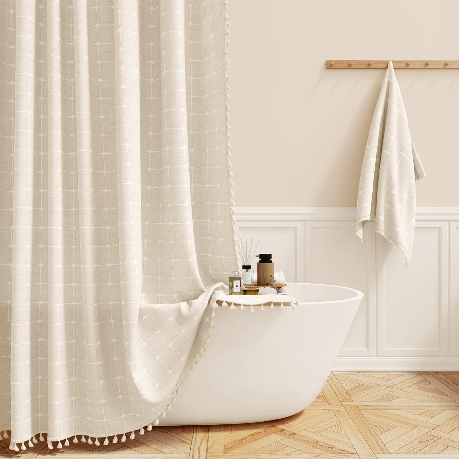 BTTN Boho Farmhouse Shower Curtain Set with Tassel - Linen Rustic Heavy Duty Fab...