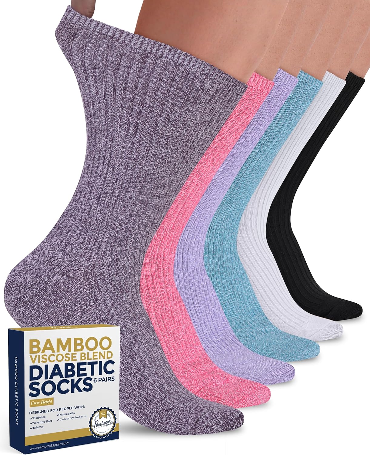 Pembrook Ribbed Knit Bamboo Viscose, Special Diabetic Socks - 6 Pairs Crew Neuro...