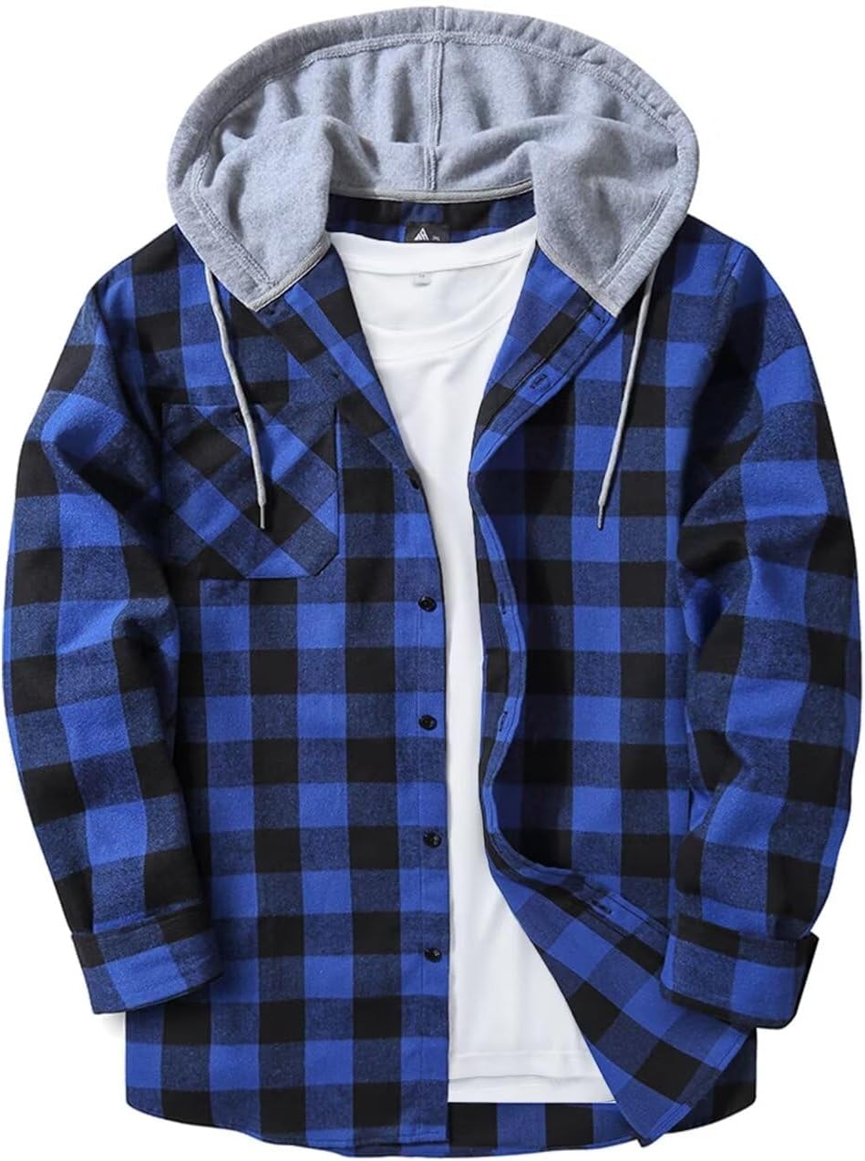 JACKETOWN Men's Hooded Check Shirts Long Sleeve Button Down with Chest Pocket Ca...