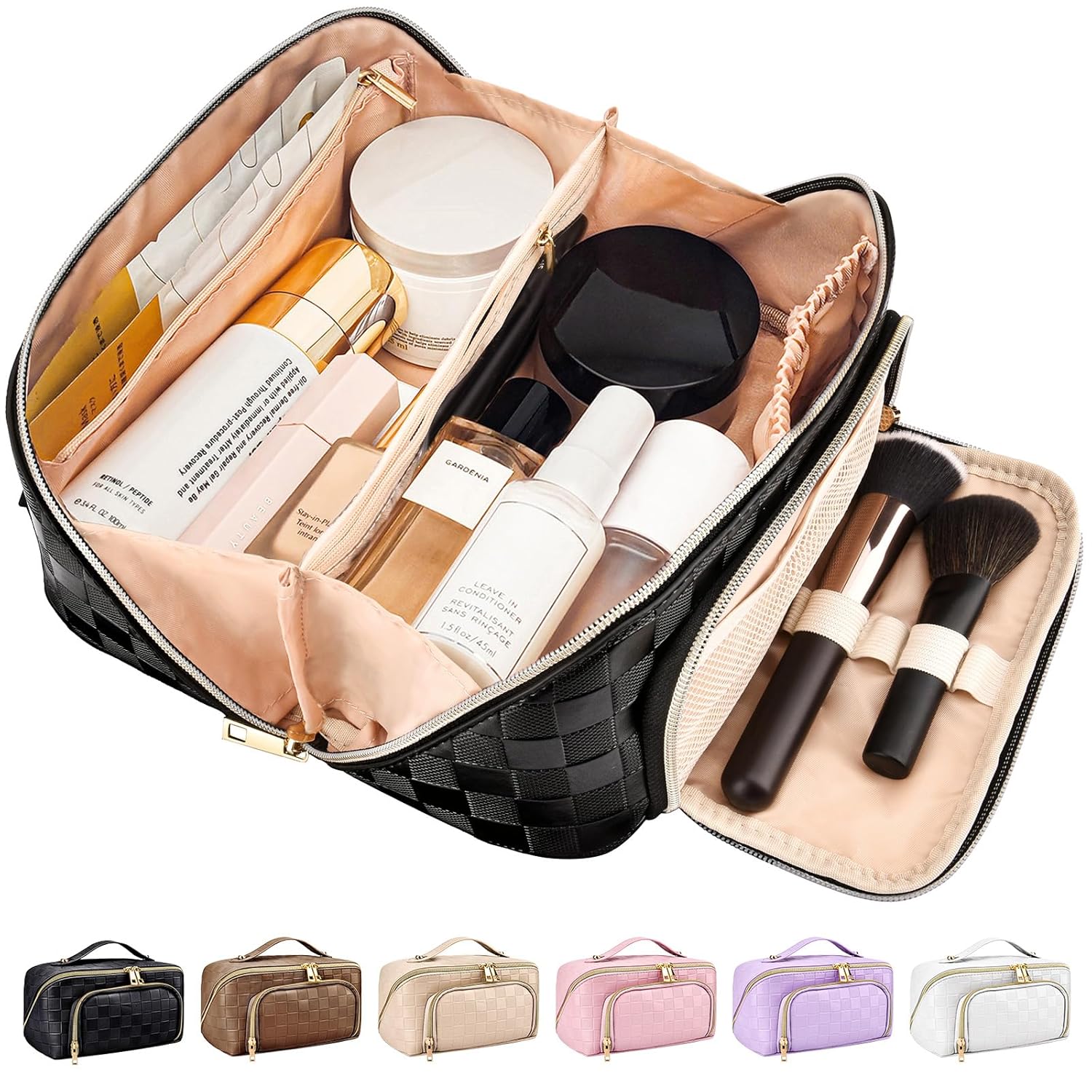 stona Travel Makeup Bag for Women, Large Capacity PU Leather Waterproof Checkere...