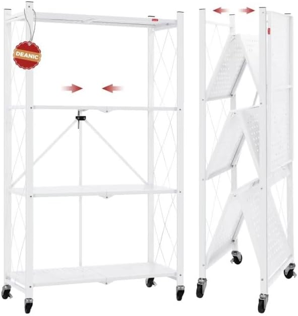 DEANIC 3 Tier Foldable Storage Shelves, Special Shelving Unit with Wheels, Innov...