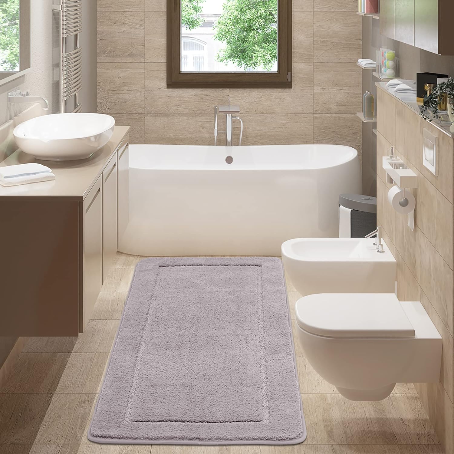 SOANNY Grey Bathroom Mat, Large Fluffy Soft Microfiber Bath Mats with Non Slip A...