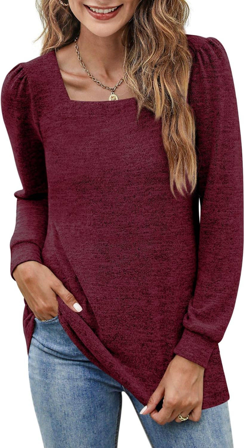 BZB Womens Tunic Tops for Leggings Square Neck Puff Sleeve Shirts Casual Fall Sw...