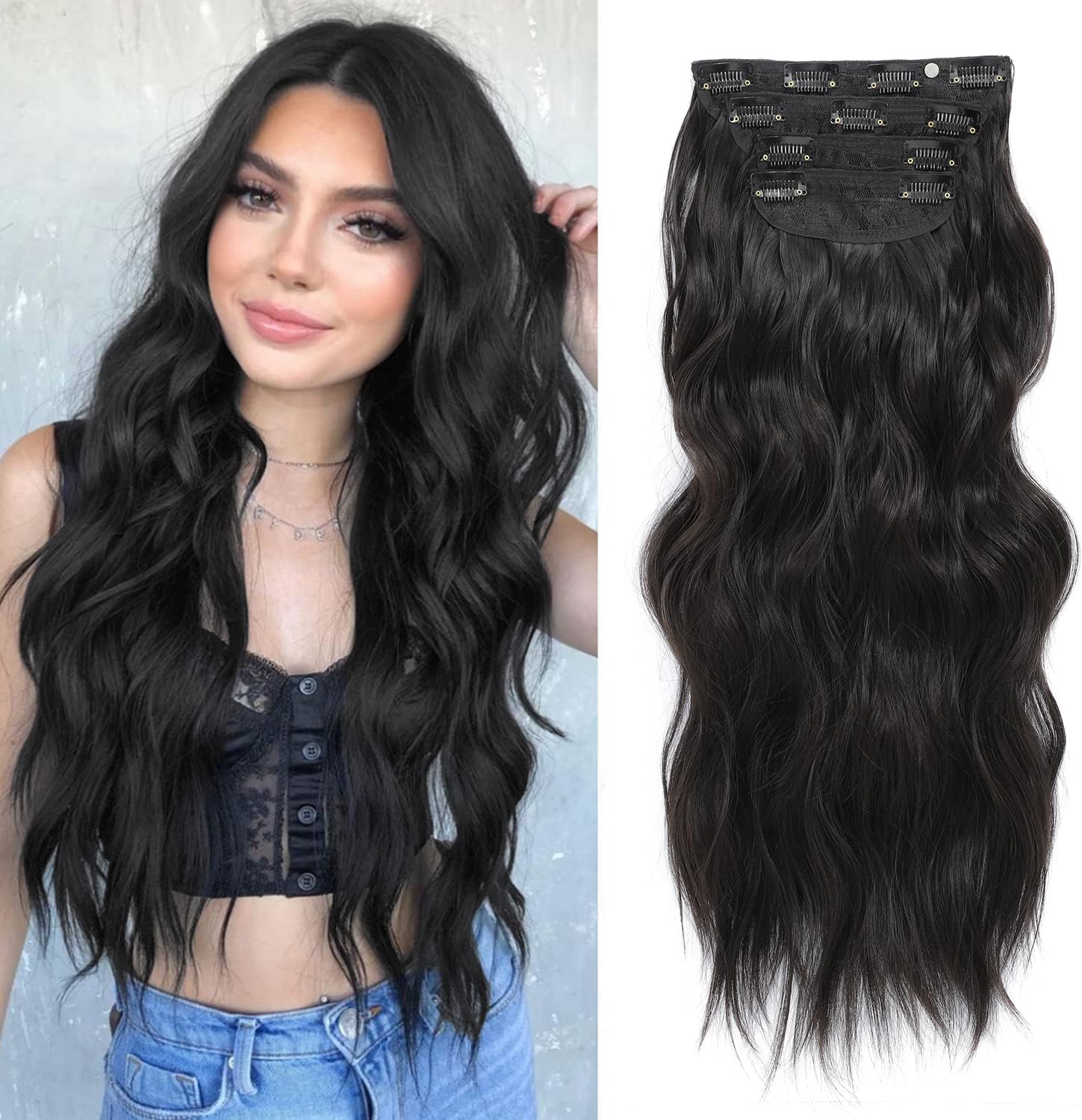 Hair Extensions Clip in 4PCS Dark Brown 20Inch Hair Extension Long Wavy Full Hea...