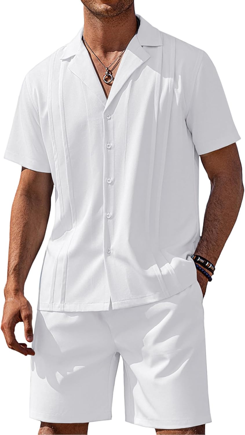 COOFANDY Mens 2 Piece Short Set, Special Guayabera Button Down Shirt, High-Quali...