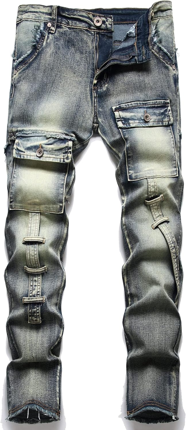 AITITIA Men's Biker Zipper Jeans, Special Washed Straight Fit Jeans 38, Innovati...