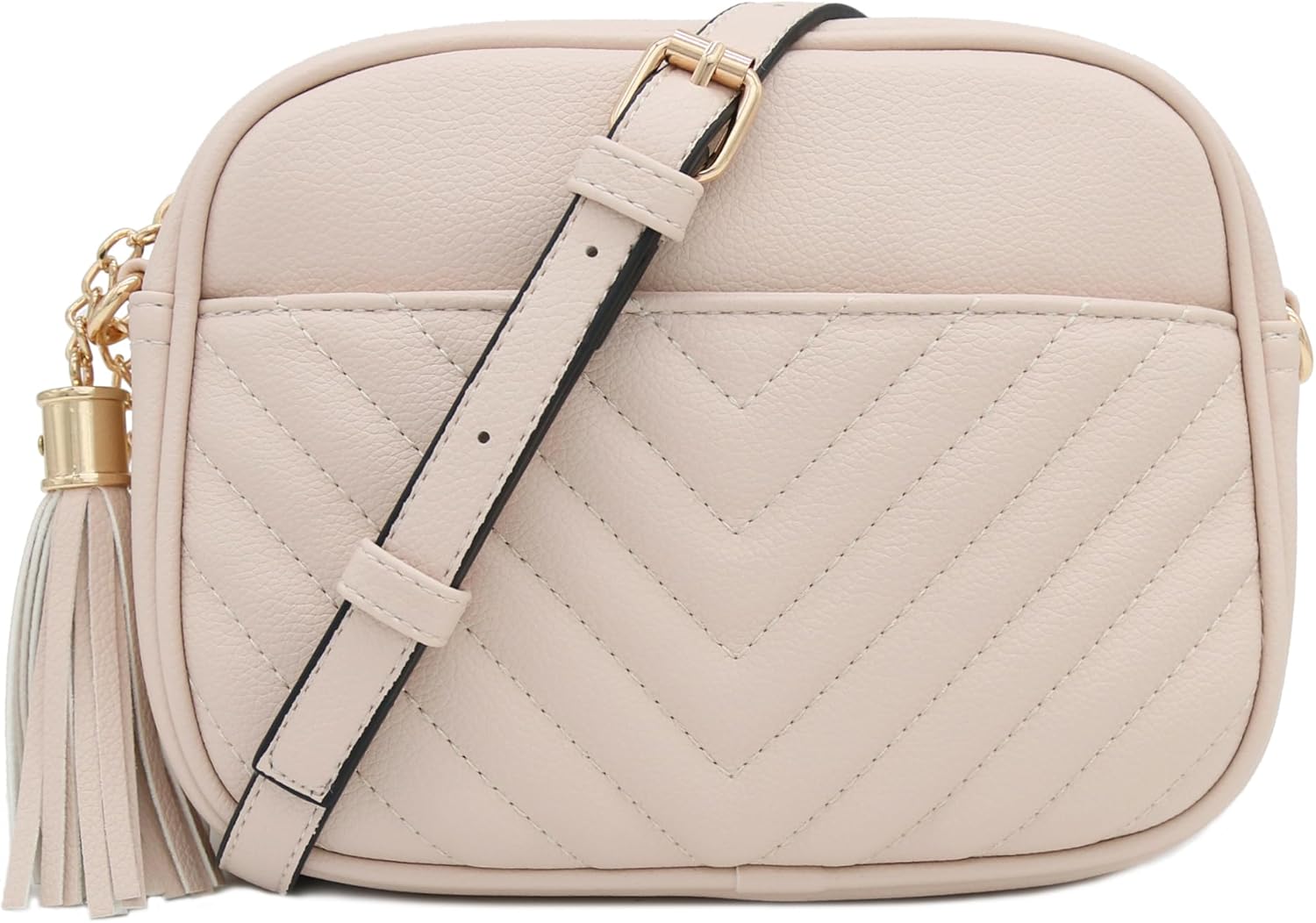 FashionPuzzle Chevron Quilted Crossbody Camera Bag with Chain Strap and Tassel N...