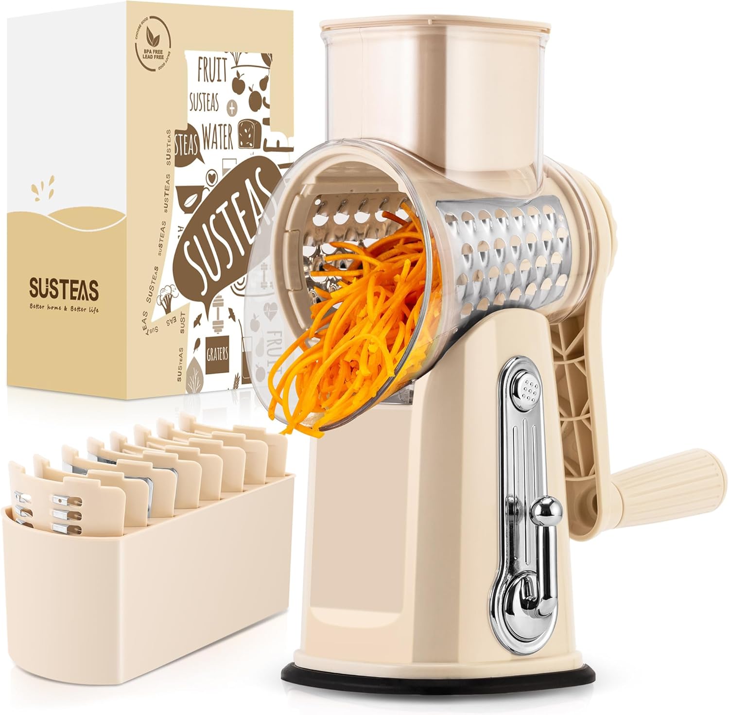 SUSTEAS Rotary Cheese Grater with Handle - Vegetable Shredder with 5 Well-design...