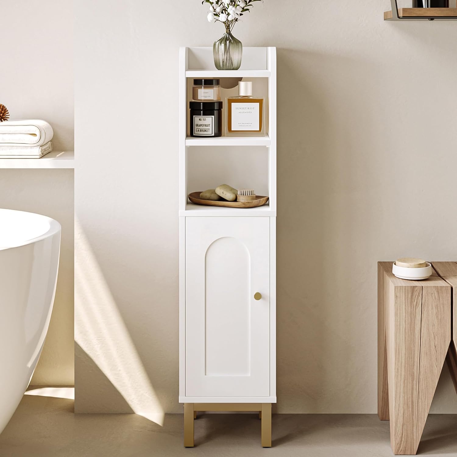 Bathroom Storage Cabinet, Small Corner Floor Cabinet with Door and Shelves, Narr...