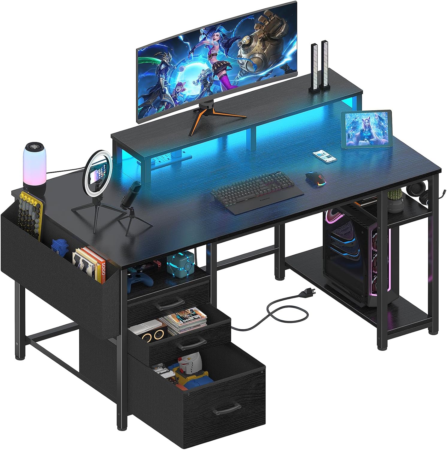 Lufeiya Gaming Desks with Led Lights and Power Outlets, 55 Inch Computer Desk wi...