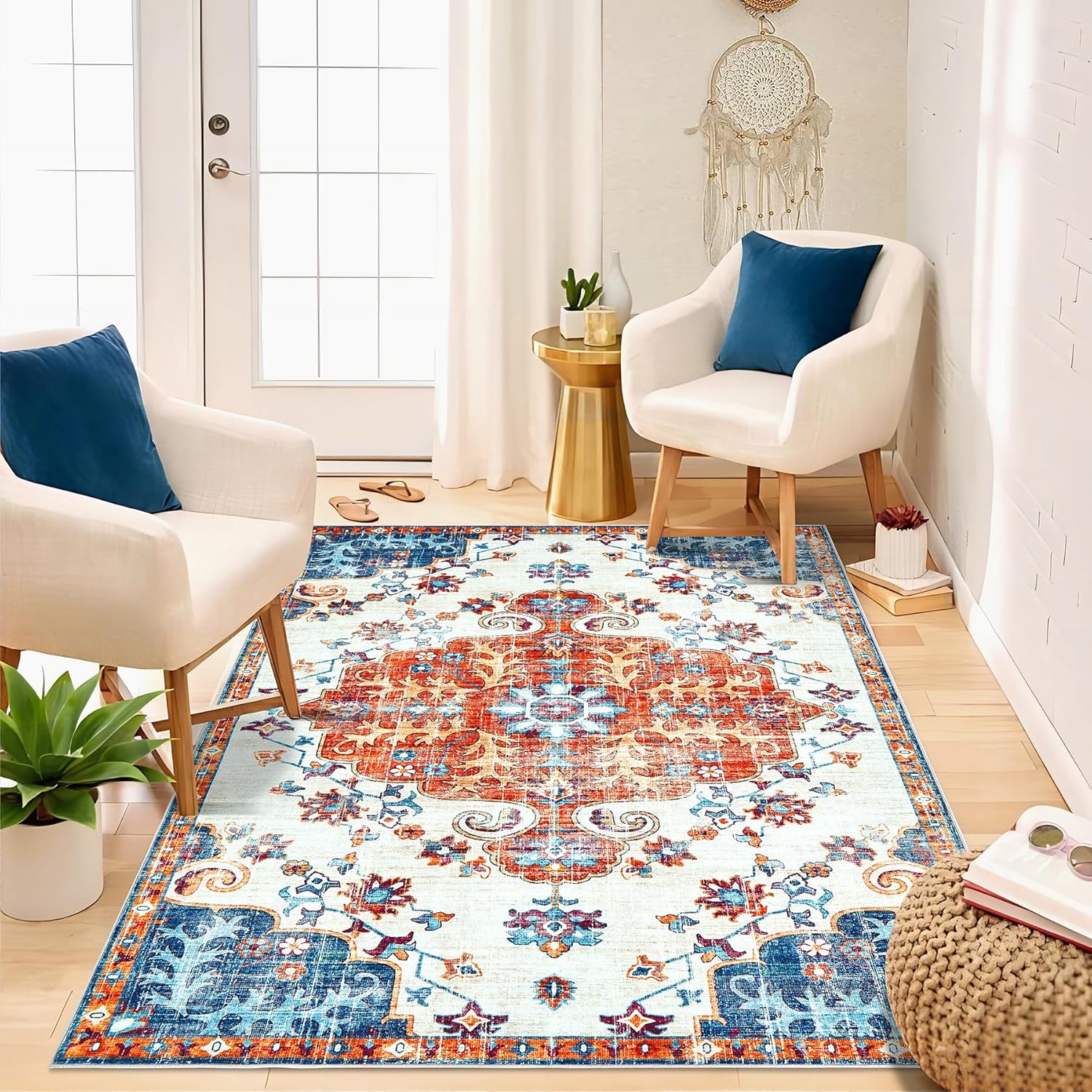 Area Rug 4x6 Entryway Rug - Washable Vintage Floral Boho Area Rug Non-Slip Kitch...