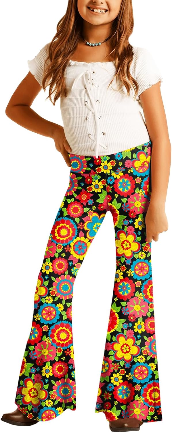 Deerose Girls Bell Bottom Floral Print Stretch Hippie Pants High Waist Flare Pan...