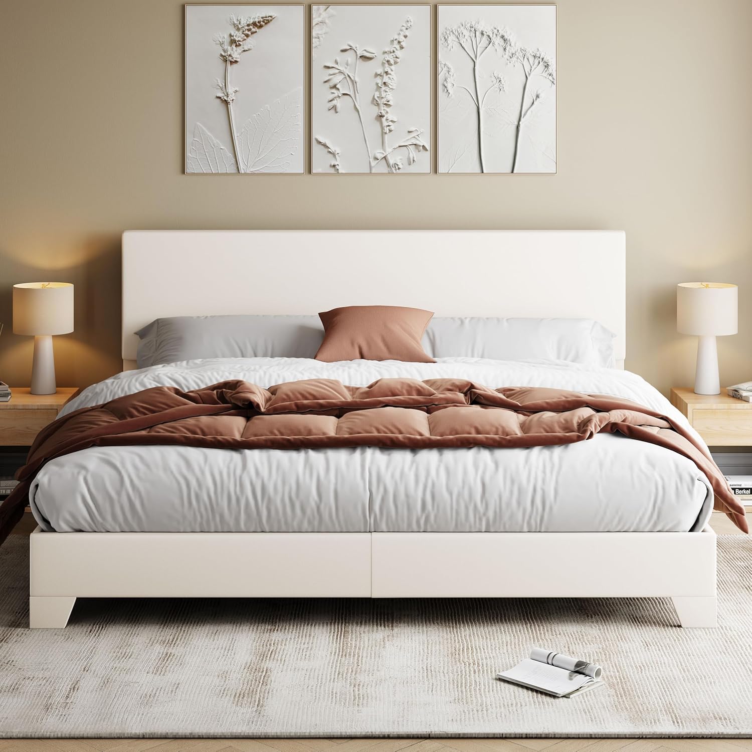 Allewie King Size Bed Frame with Adjustable Headboard, Faux Leather Platform Bed...