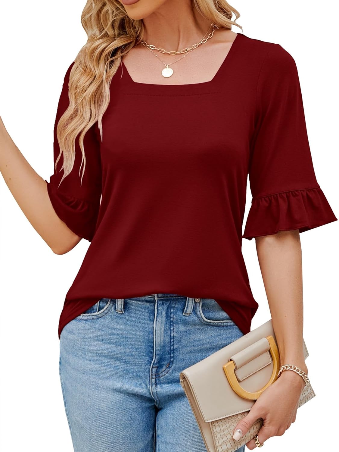 Womens 3/4 Sleeve Shirts, Special Summer Square Neck Bell Sleeve Tops, Innovativ...