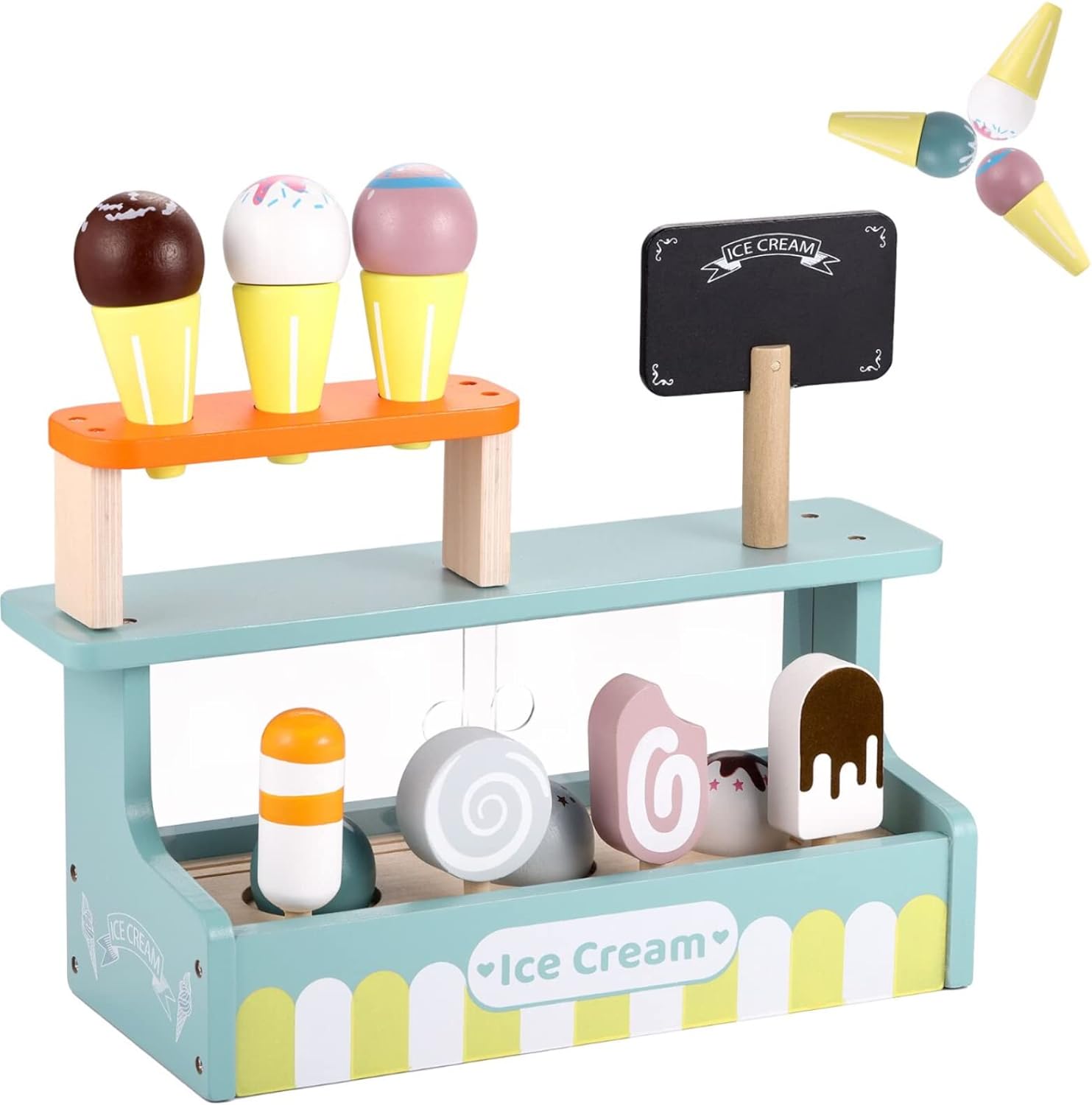 GAGAKU Wooden Ice Cream Set Wood Ice Cream Toy Ice Cream Playset for Kids 10pc I...