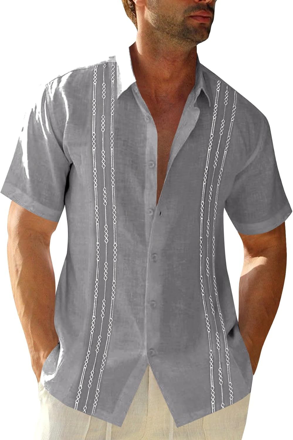 Mens Short Sleeve Guayabera Shirts, Special Linen Cotton Button Down Shirt, Inno...