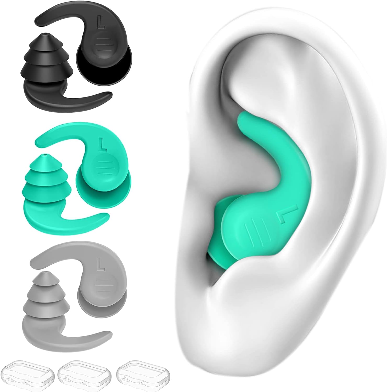 FNGXX Swimming Ear Plugs, 3 Pairs Waterproof Reusable Silicone Swim Earplugs for...