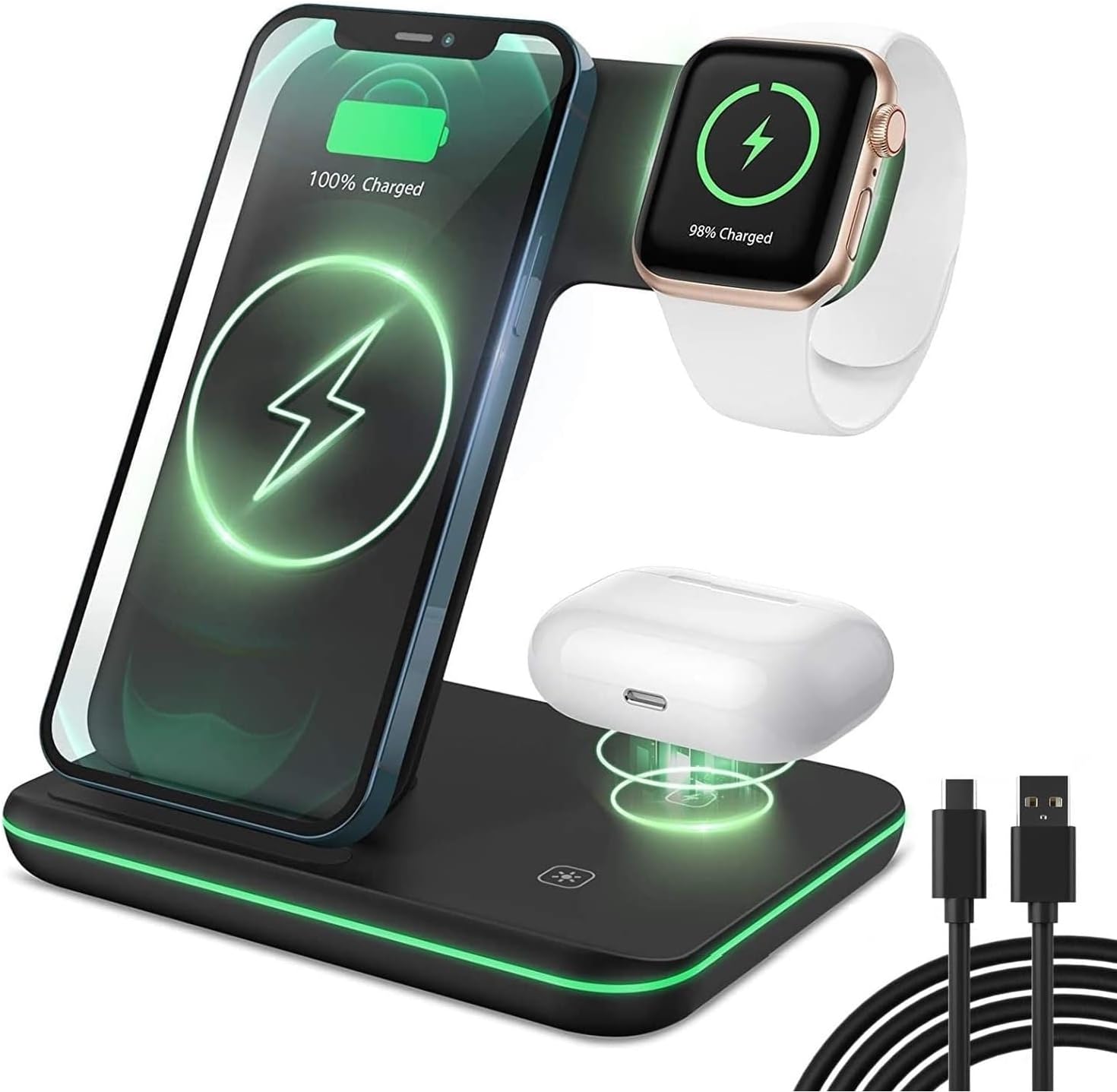3 in 1 Wireless Charger, 15W Fast Wireless Charging Stand Station for Apple Watc...