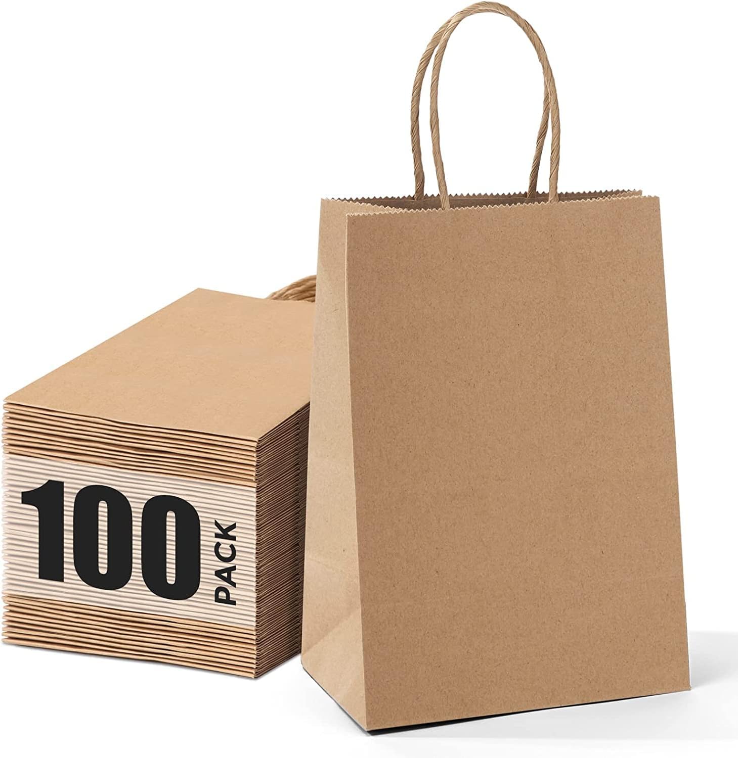 GIFTSAY 100pc Brown Paper Bags with Handles 15X8X21cm Small Gift Bags for Weddin...