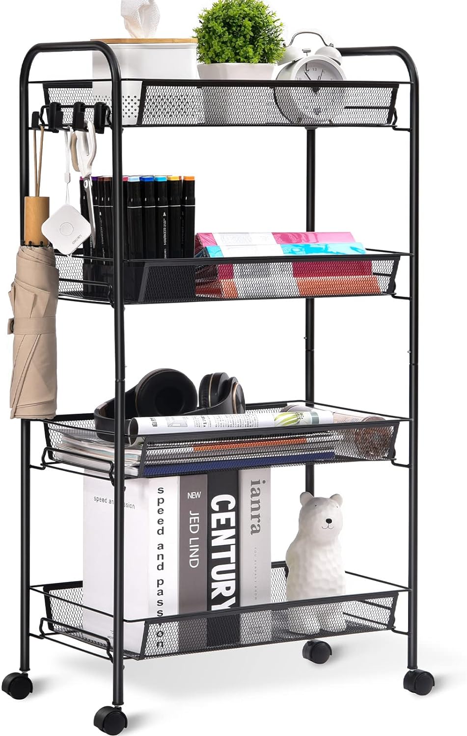 TOOLF 4-Tier Rolling Cart, Metal Utility Cart with 3 Hooks, Easy Assemble Mobile...