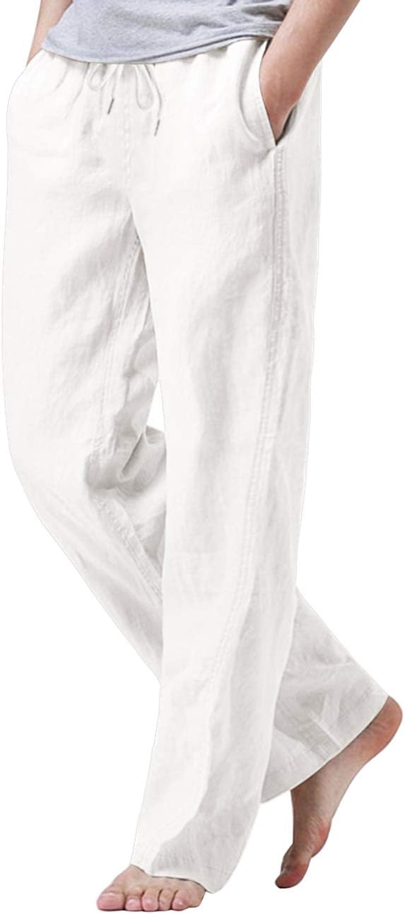 iWoo Mens Cotton Linen Drawstring Pants Elastic Waist Casual Jogger Yoga Pants W...