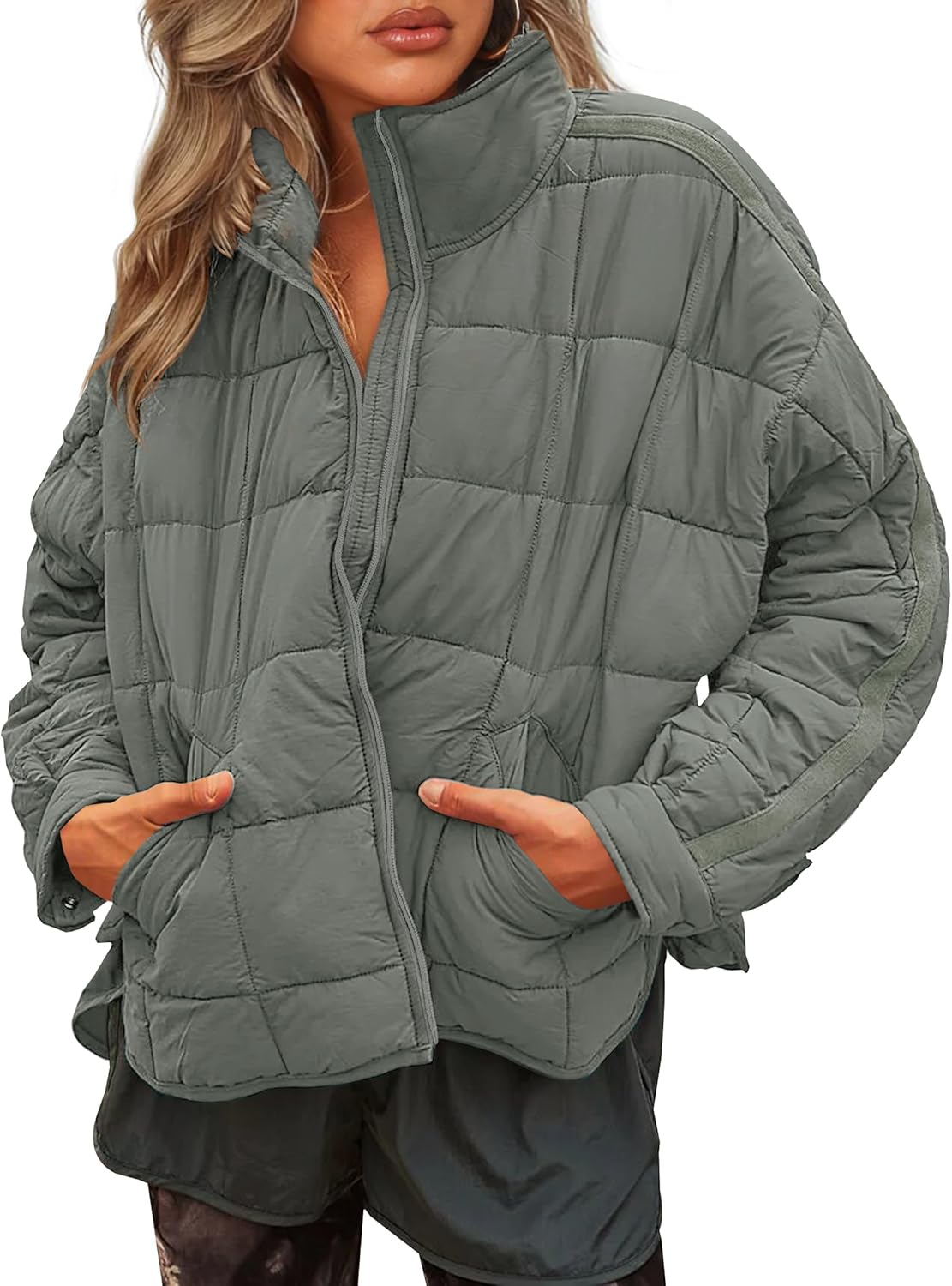 LEANI Women's Oversized Lightweight Puffer Jackets Long Sleeve Zipper Short Down...