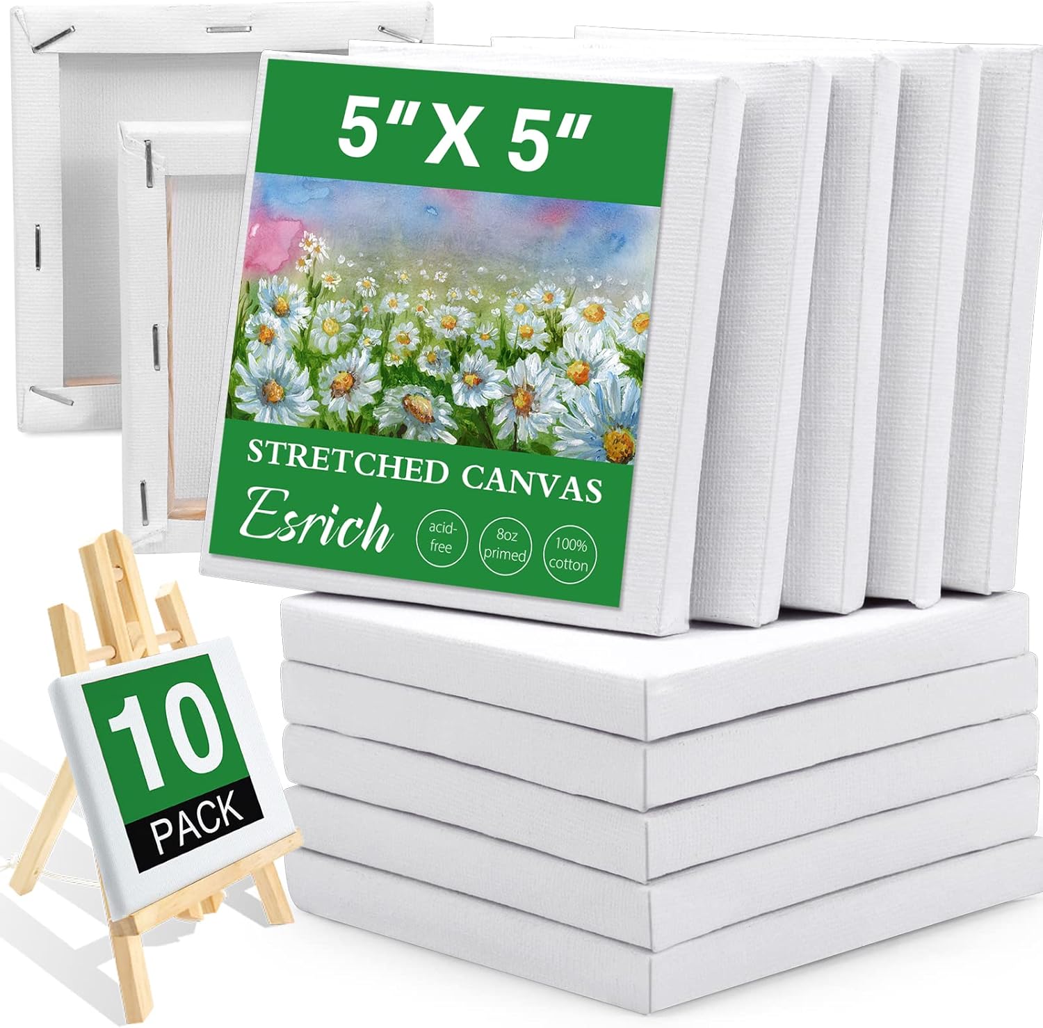 ESRICH Mini Stretched Canvas 10 Pack 5x5inch, 2/5''Profile Art Primed Canvases f...
