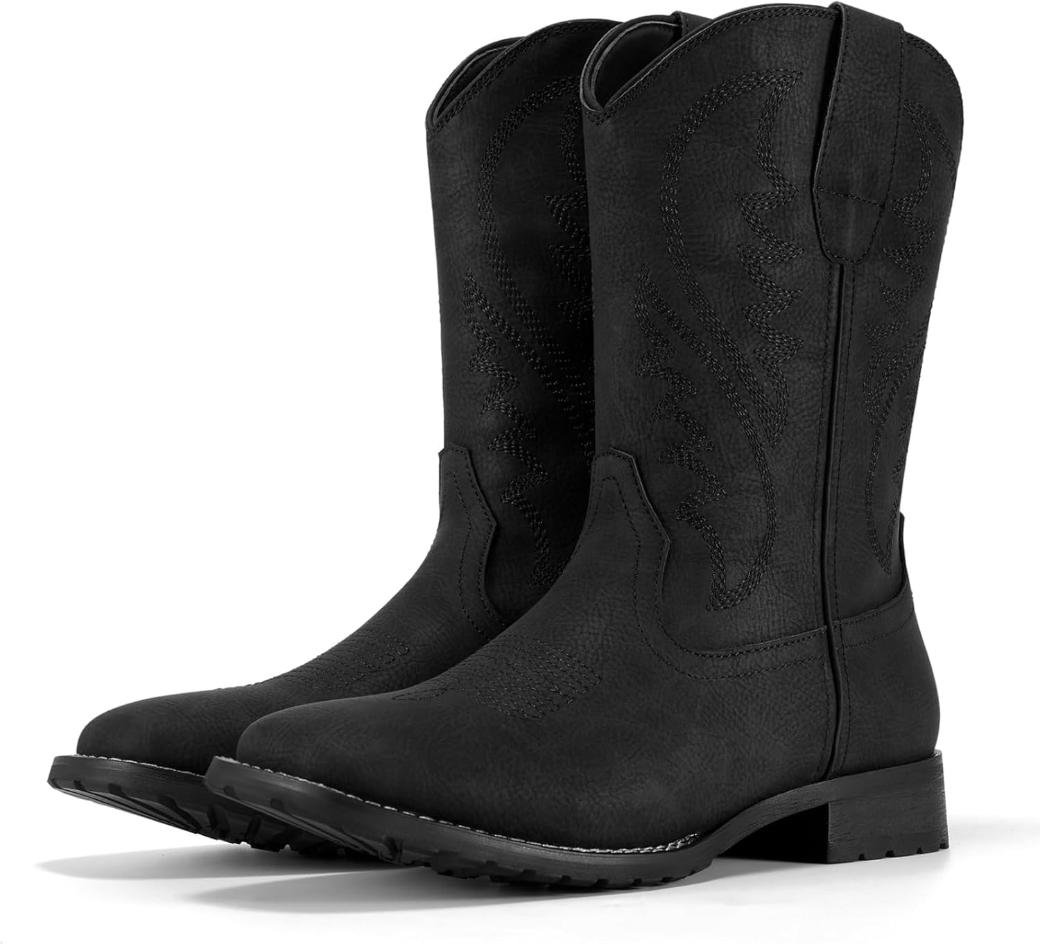 Men\'s Black Square Toe Chunky Heel Mid-calf Classic Embroidered Pull On Boots Amazon.com | Men main image 2
