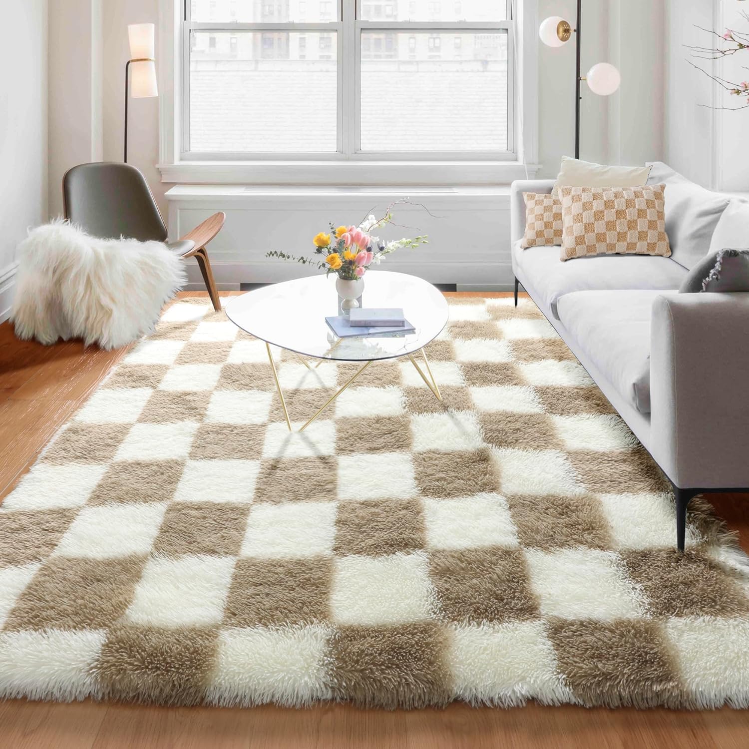 KICMOR 5x8 Beige and Cream White Rugs Living Room Carpets, Large Fluffy Shag Fuz...