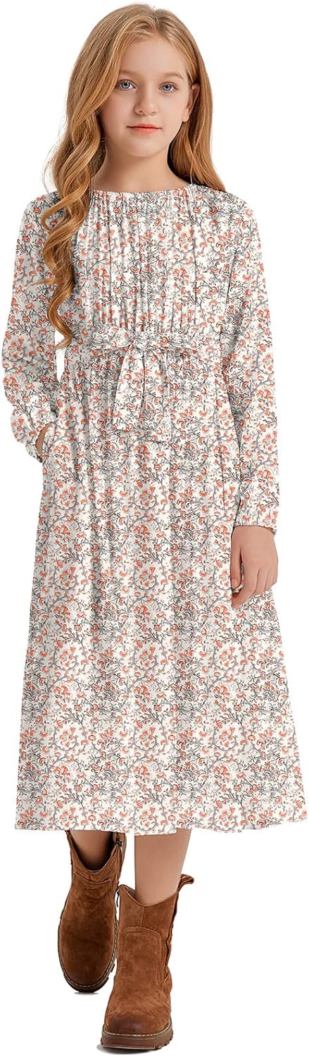LaBeca Girls Casual Elastic Crew Neck Floral Printed Solid Color A-line Swing Hi...