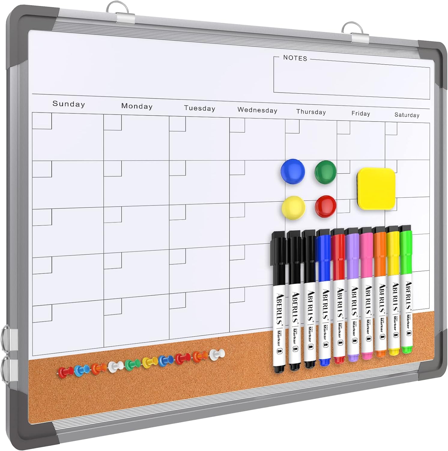 Monthly Calendar Whiteboard Dry Erase Cork Board Combination for Wall, 17"x13" M...