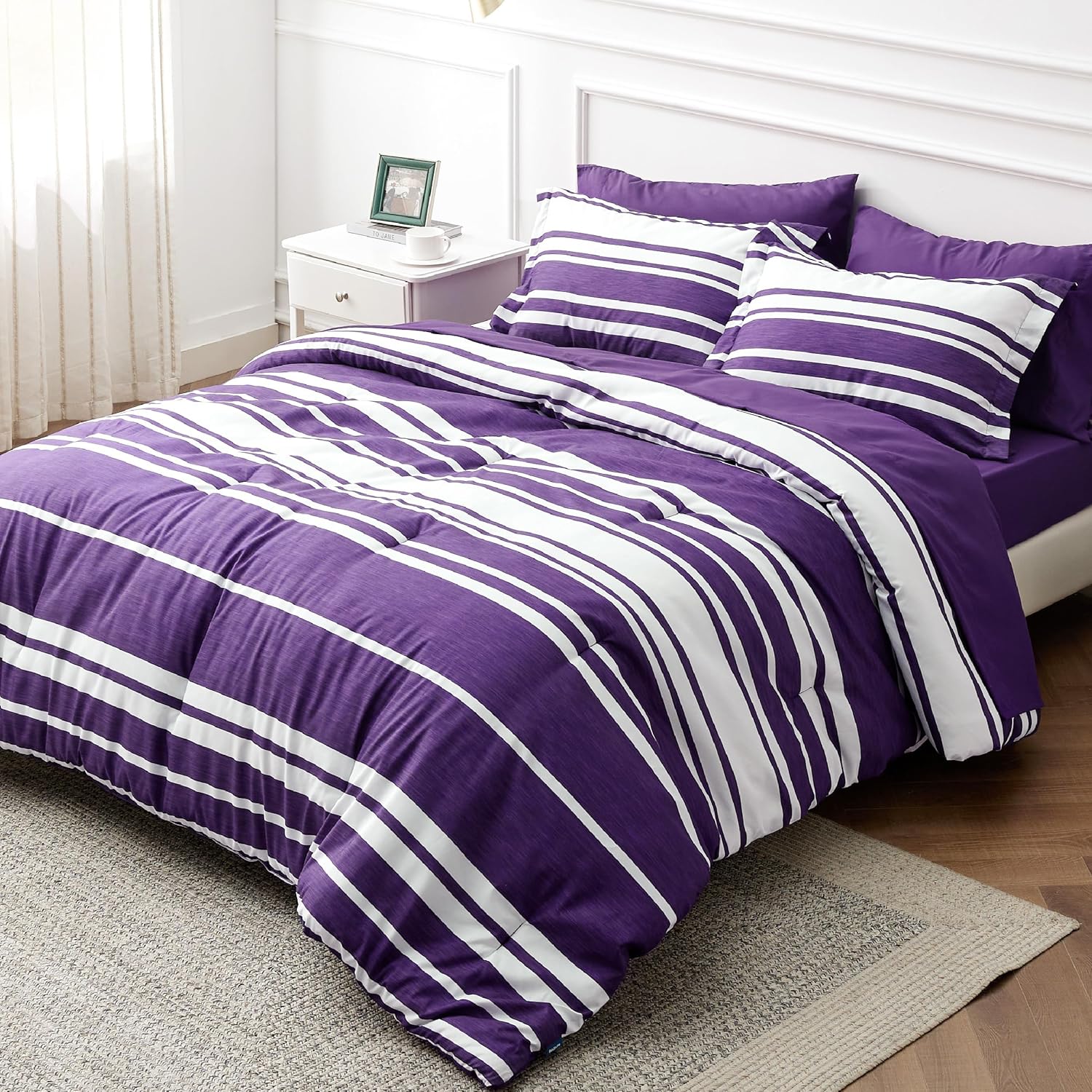 Bedsure Bed in a Bag Queen Size 7-Piece Purple White Striped Bedding Comforter S...