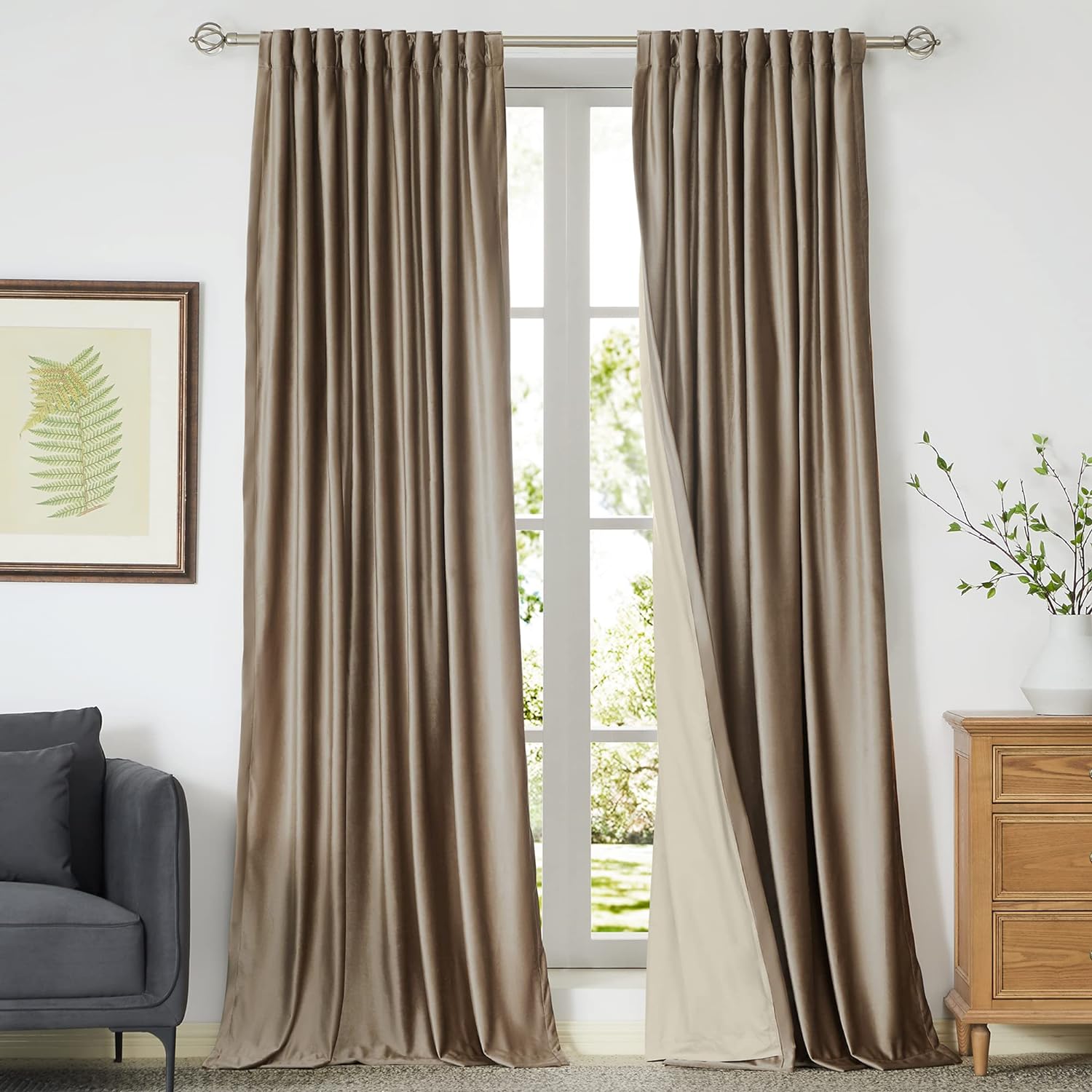 PRIMROSE Blackout Taupe Velvet Curtains 96 inch Long for Living Room,Set of 2 Pa...