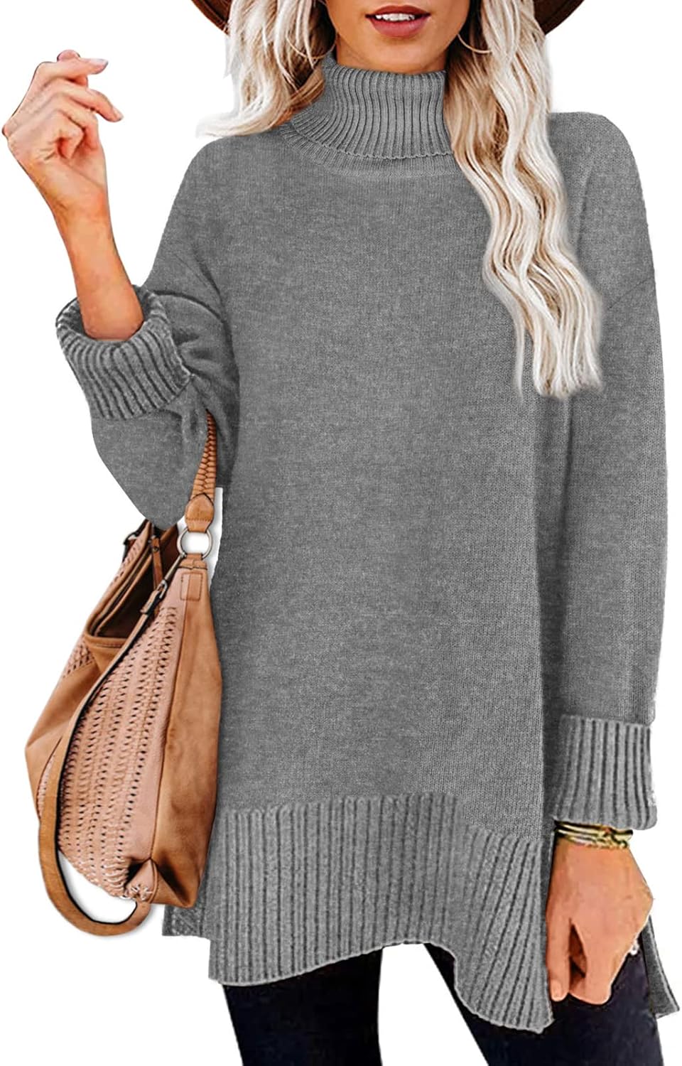 Glanzition Sweaters for Women Turtleneck Side Split Oversized Pullover Tops 09-g...