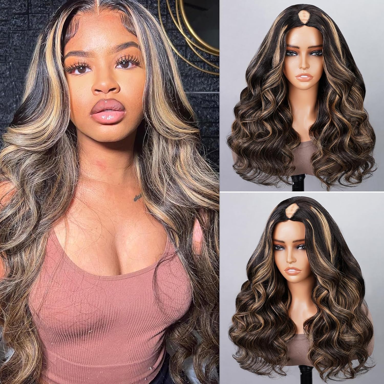 MEGALOOK V Part Wig Human Hair Body Wave Wig Highlight Wig Human Hair Glueless W...