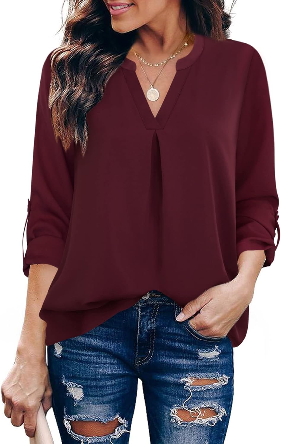 Gaharu Women's Blouses 3/4 Sleeve Work Shirt Chiffon Tunic Top Office Wear Dark...