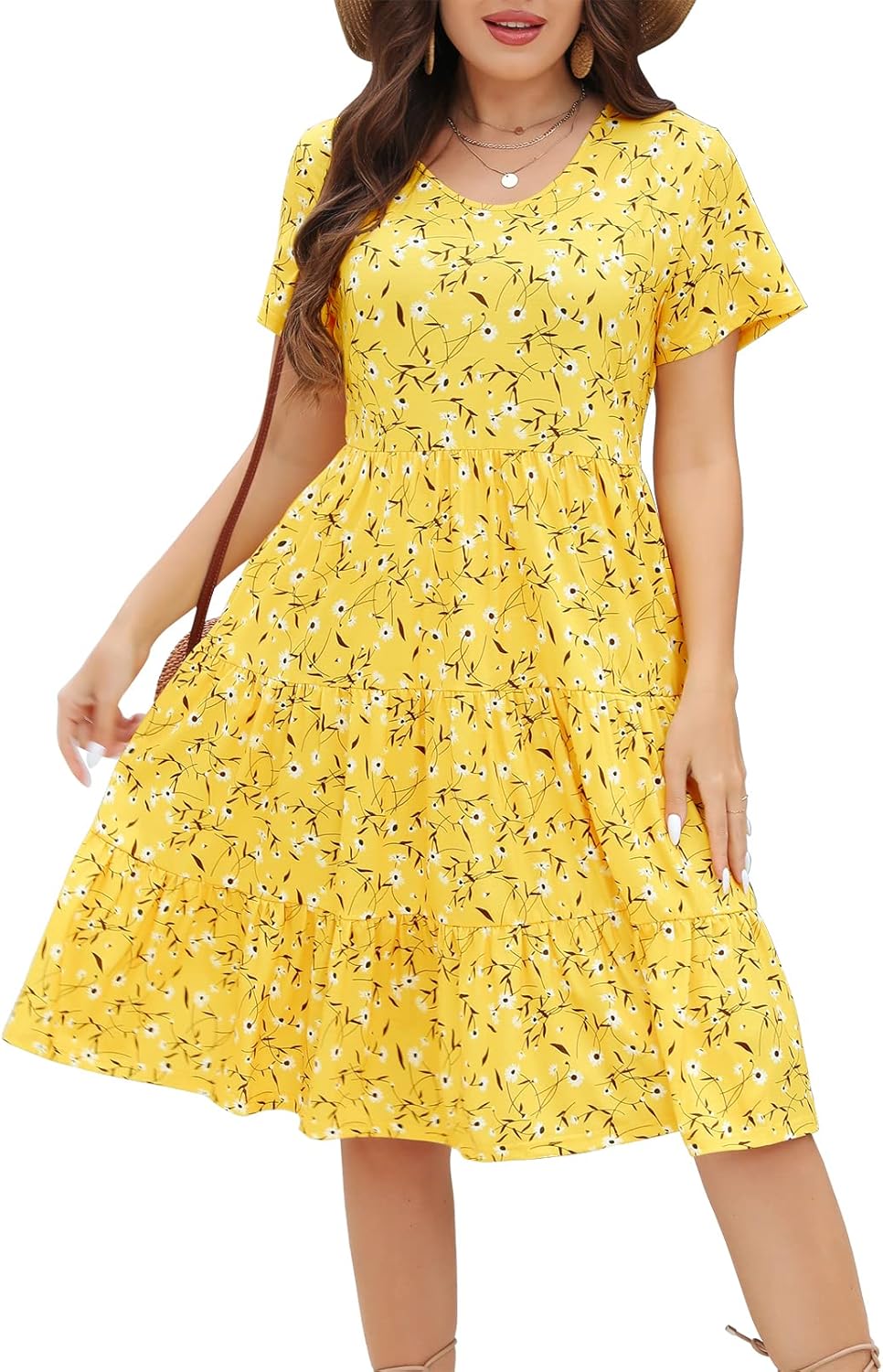 Women's Plus Size Casual Summer Dresses, Special Tiered Dresses with Short Sleev...