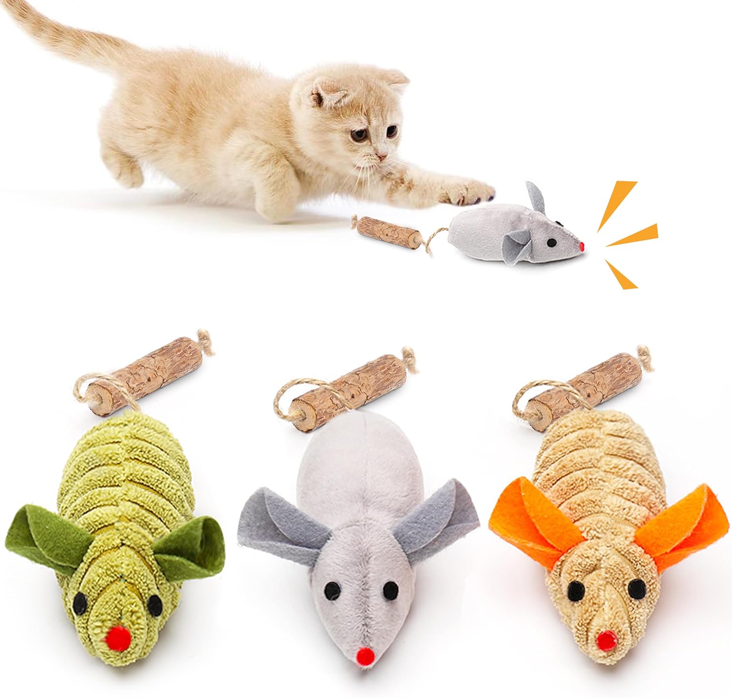 Potaroma Cat Toys 3Pcs Squeak Mice, Interactive Catnip Silvervine Animals Toys f...