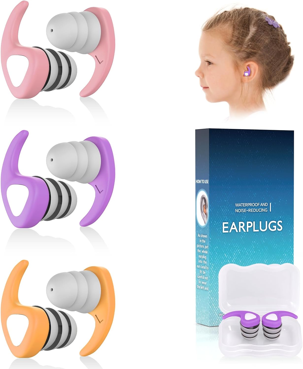 Swimming Ear Plugs for Kids, 3 Pairs Waterproof Reusable Silicone Swim Ear Plugs...