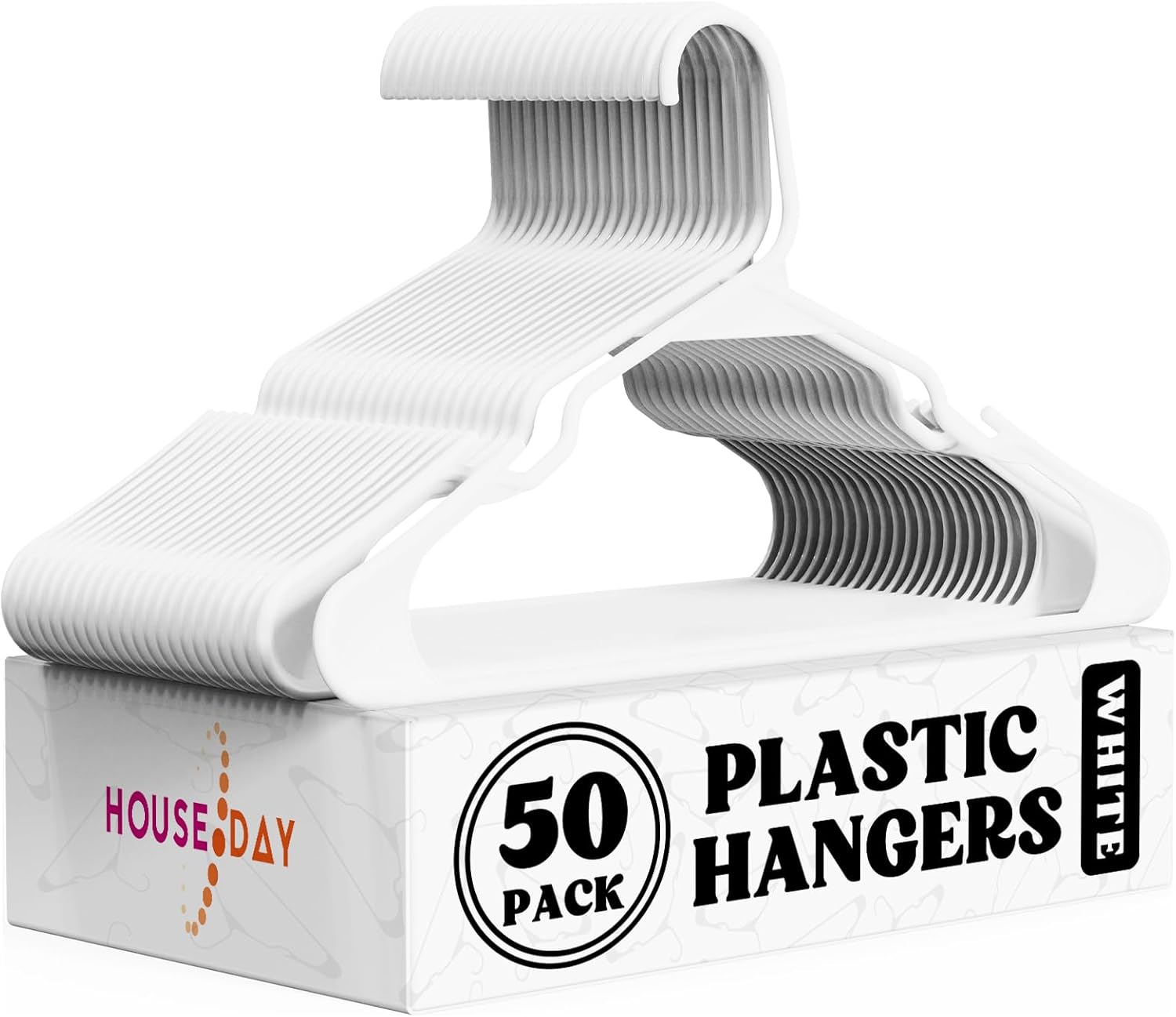 HOUSE DAY Plastic Hangers 50 Pack - Adult Clothes Hangers White - Space Saving,...