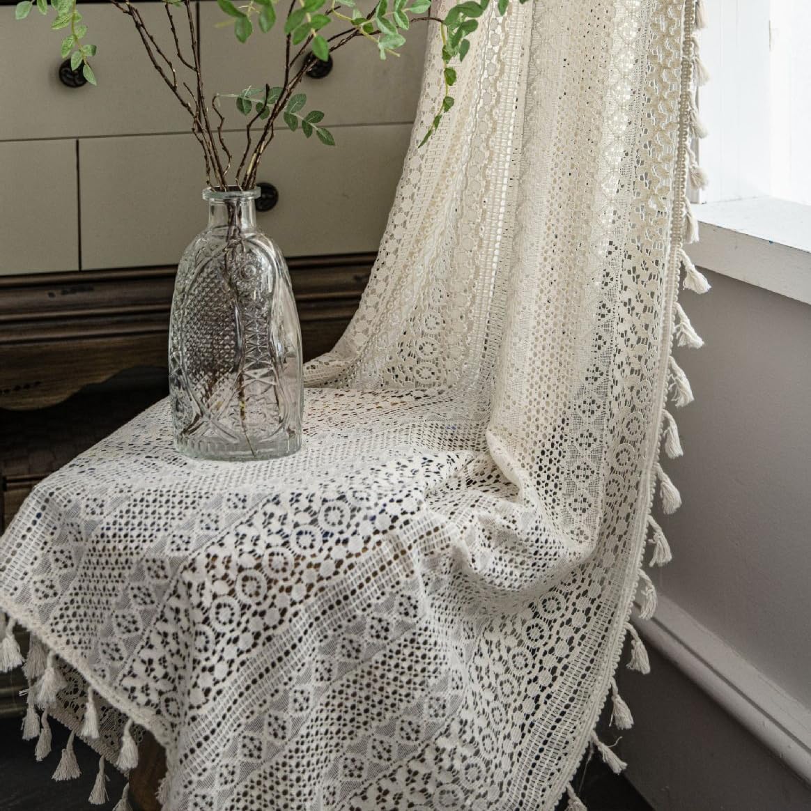 Boho Tassel Crochet Curtains for Living Room,Vintage Rod Pocket Bohemian Curtain...