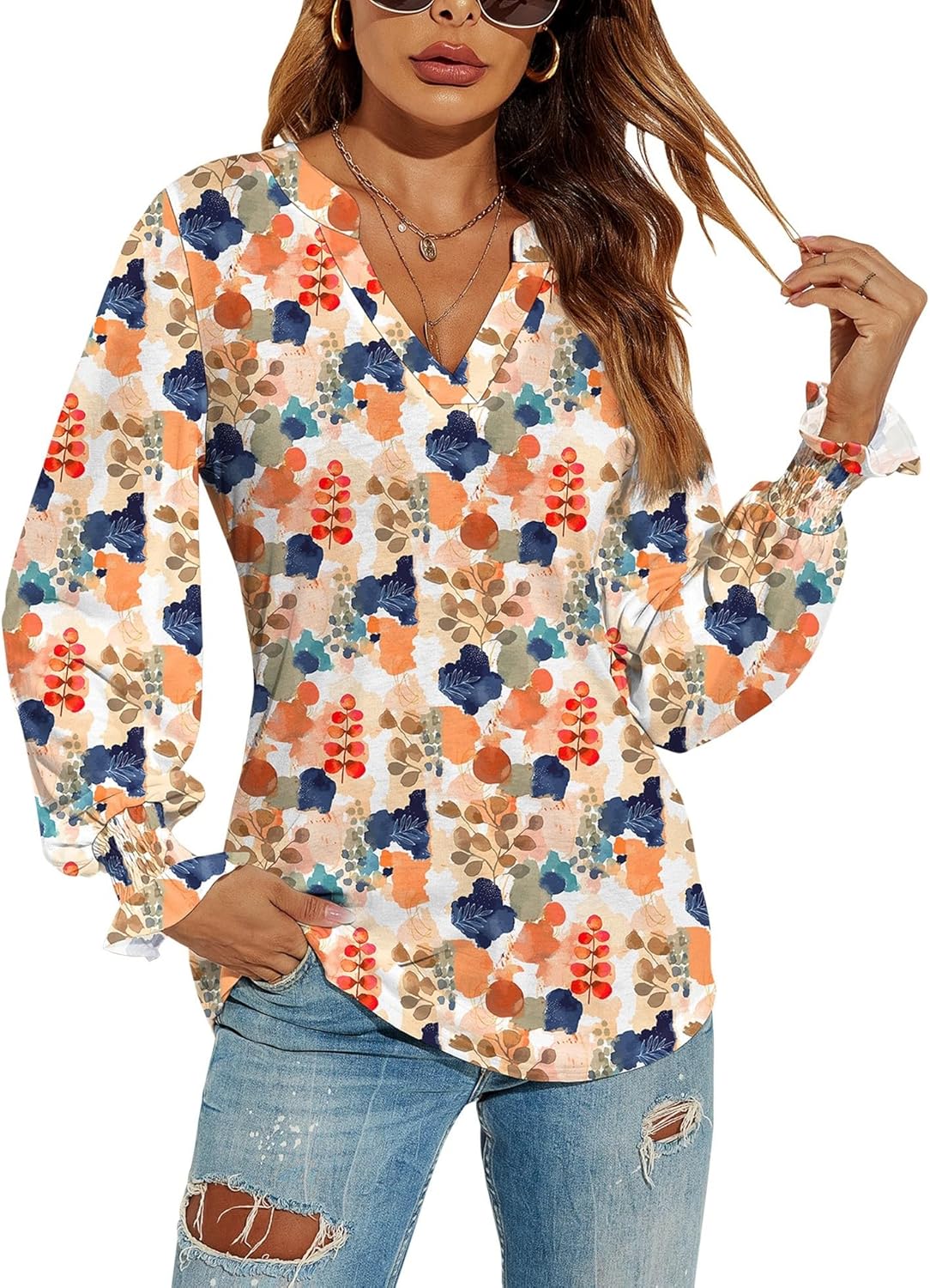 Romanstii Women's Casual V-Neck T-Shirts Loose Puff Long Sleeve Tops Tunic Blous...