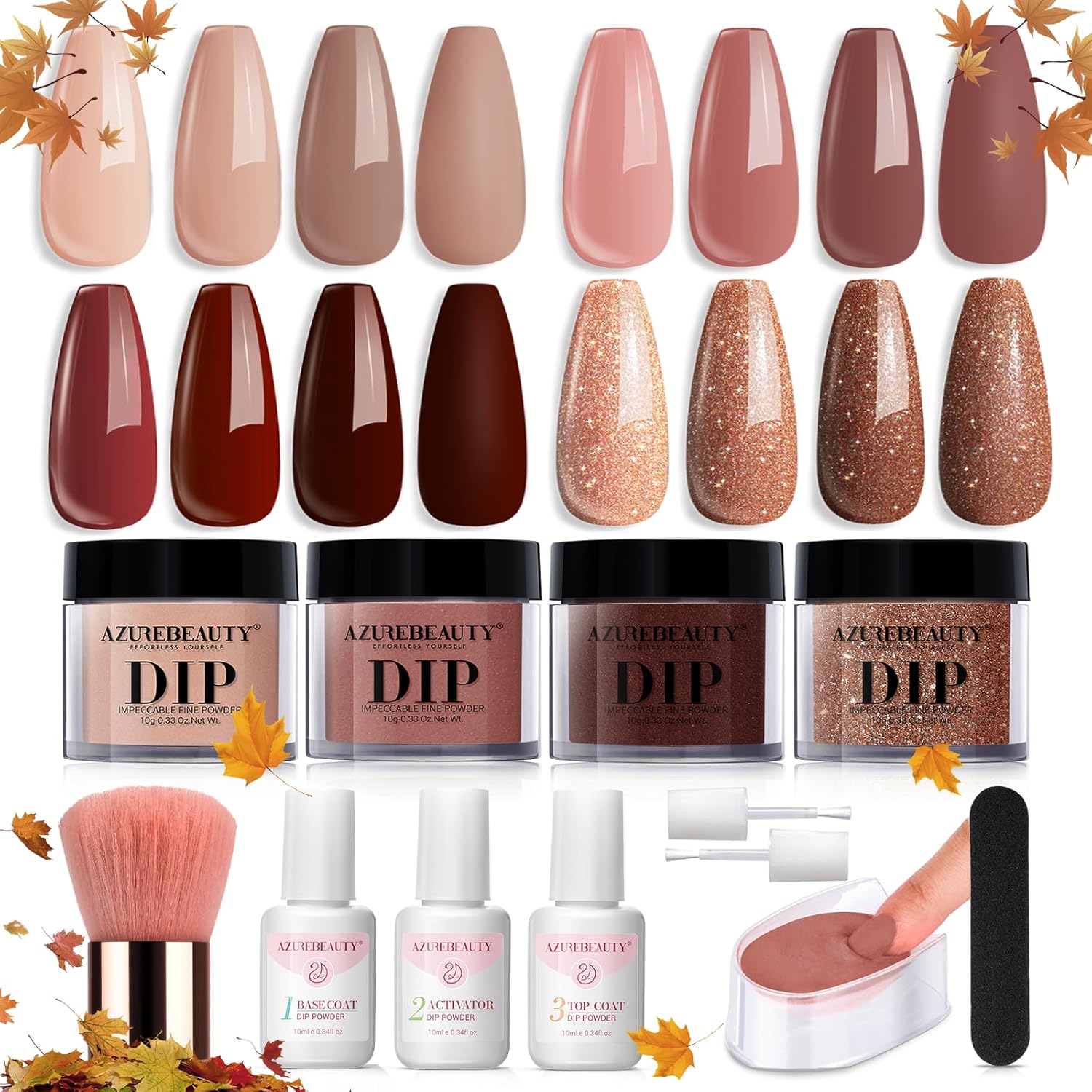 AZUREBEAUTY Dip Powder Nail Kit Starter, 4 Colors Skin Nude Brown Glitter, Acryl...