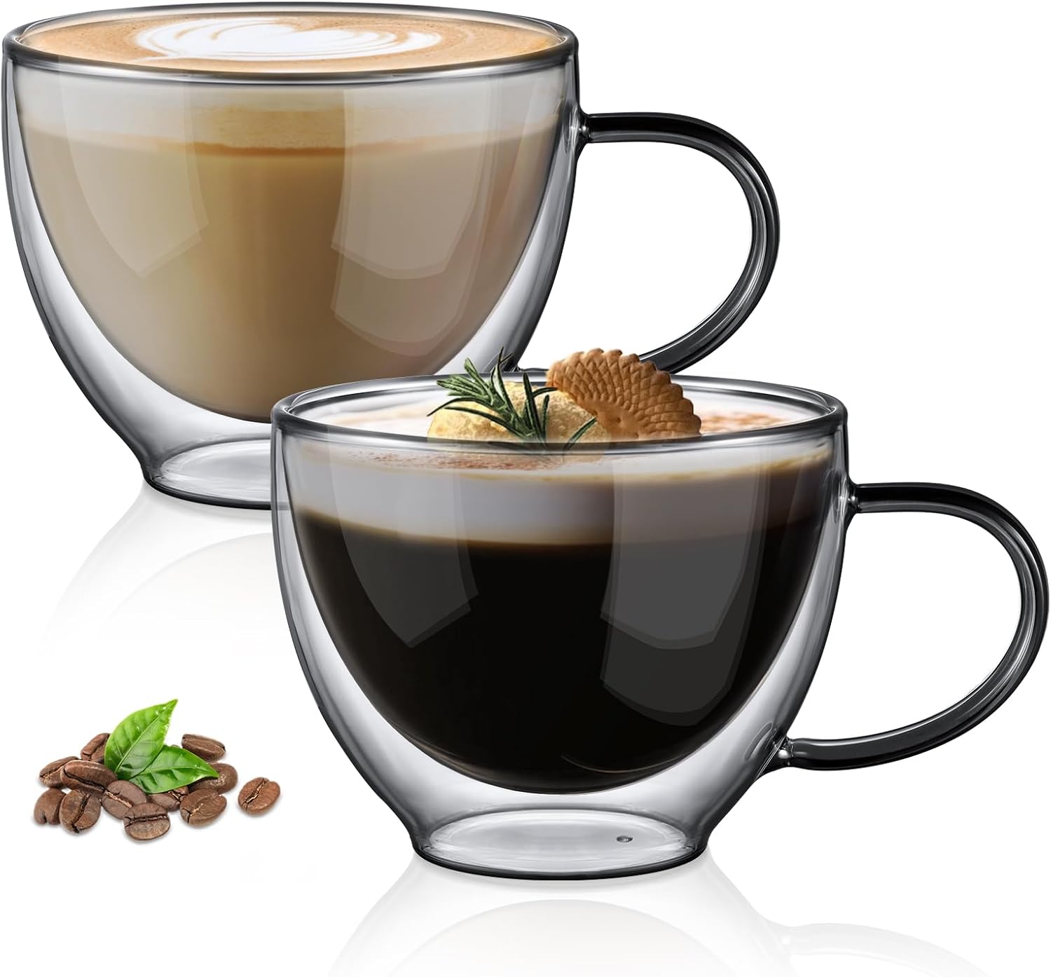 ecooe 2x350ml Unique Black Double Walled Coffee Glasses Mugs Cappuccino Latte Ma...