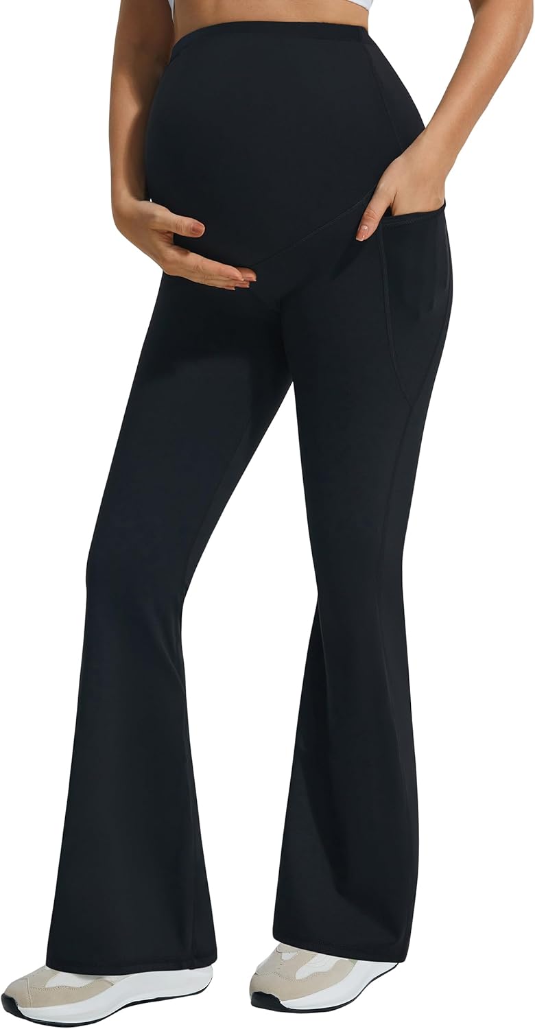 JOYSPELS Smooth Feeling Flare Maternity Leggings Over The Belly with Pockets Sof...