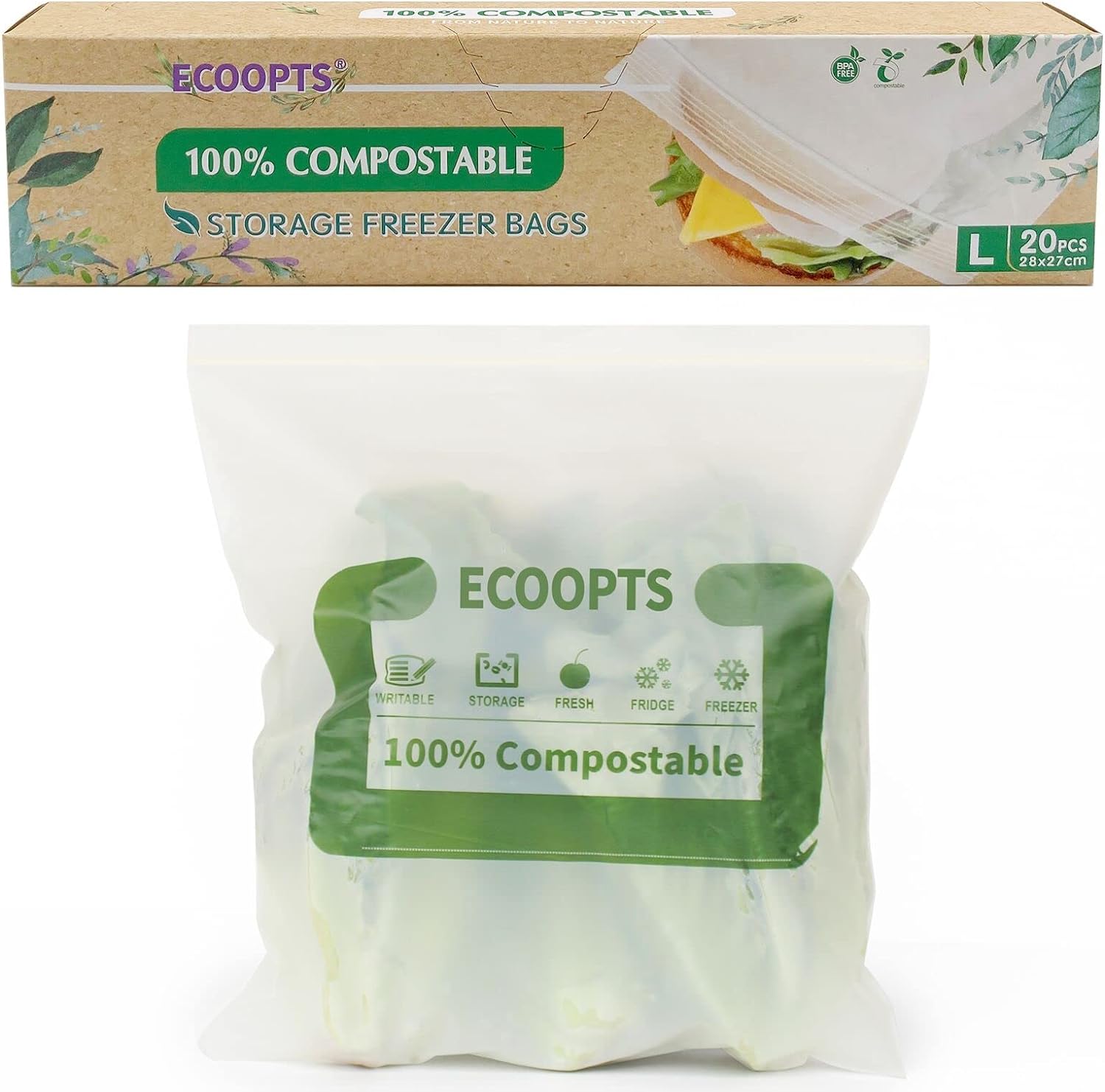100% Compostable Large Sandwich Zip Bag | ECO-Friendly Food Storage Bags | Freez...