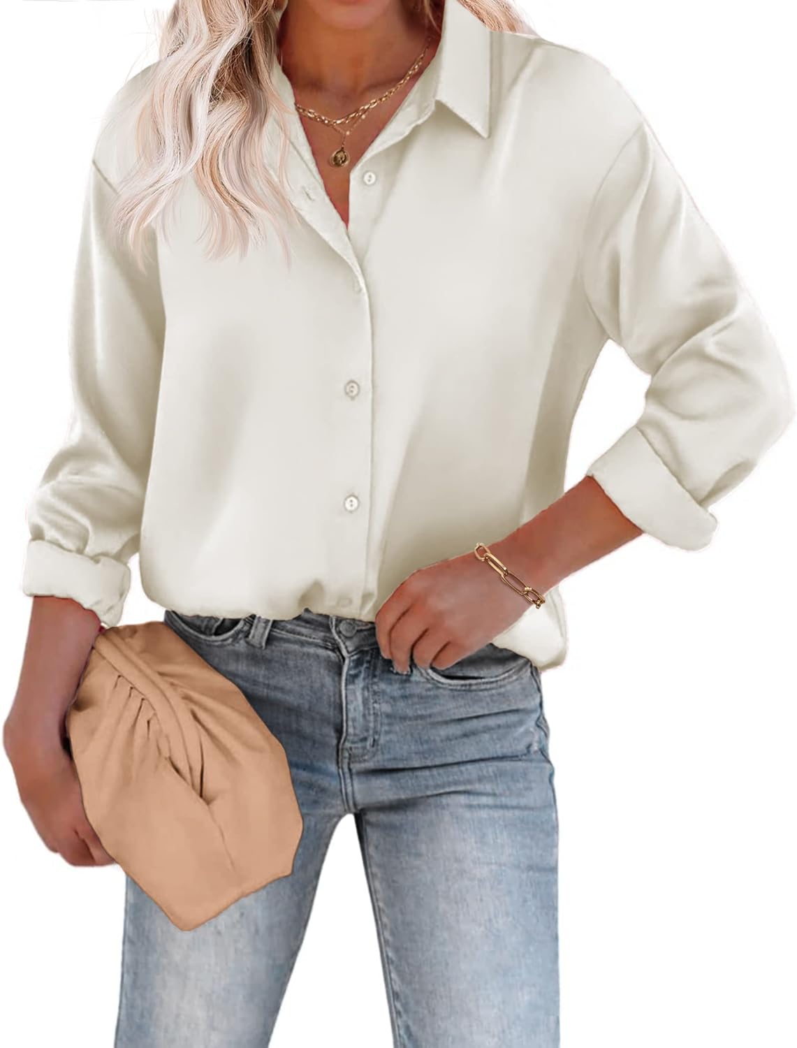 Chigant Women's Blouse Satin Silk Shirts Button Down Shirts Casual Loose Long Sl...