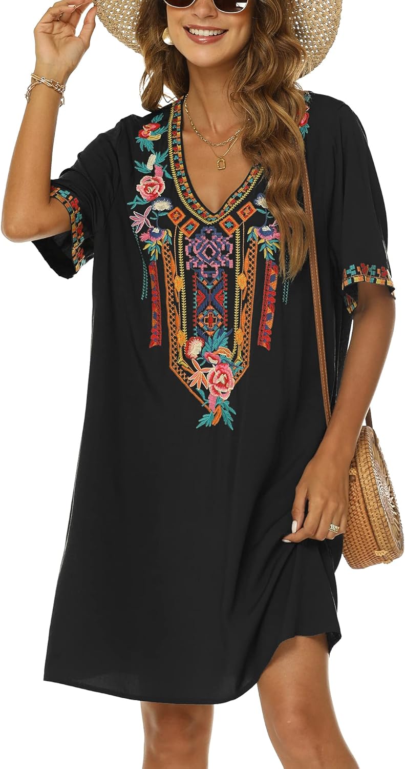 Grosy Women's Embroidered Mexican Peasant Dresses, Unique Plus Size Fiesta Boho...