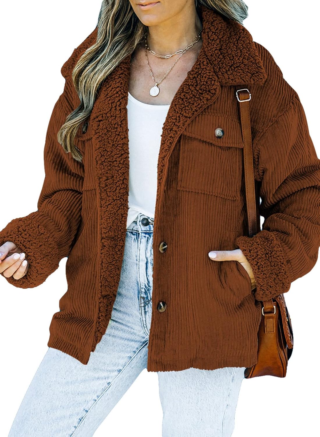 Dokotoo Corduroy Sherpa Jacket, Special Winter Warm Coat for Women with Button D...