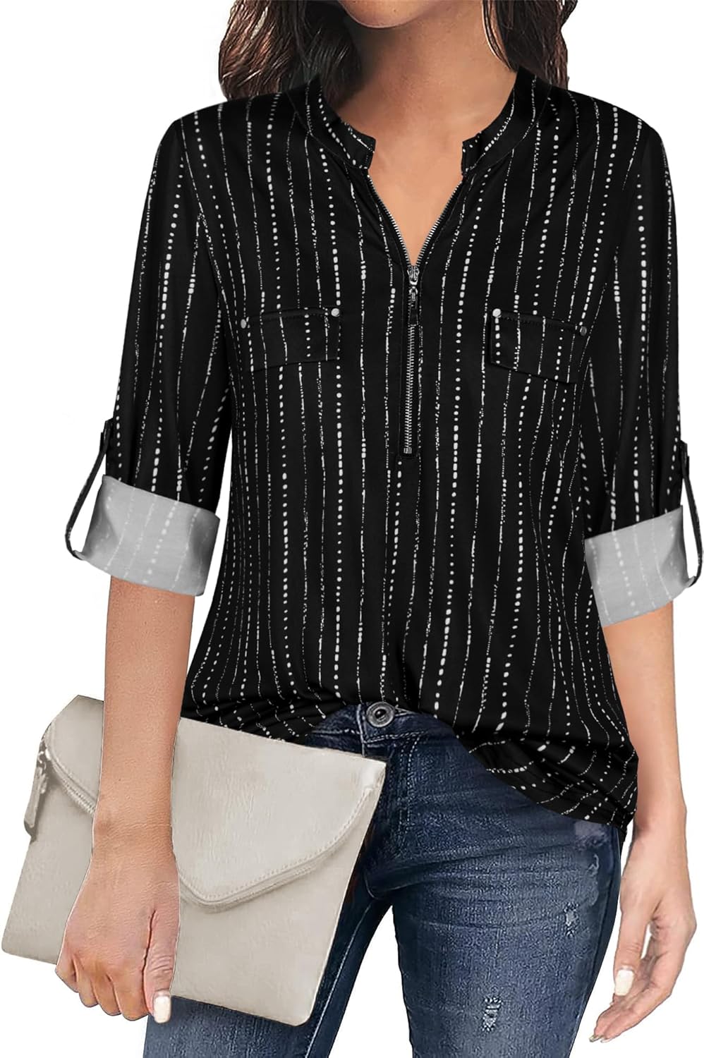BEPEI Womens Floral 3/4 Sleeve Shirts Zip up V Neck Work Chiffon Blouses Top XX-...